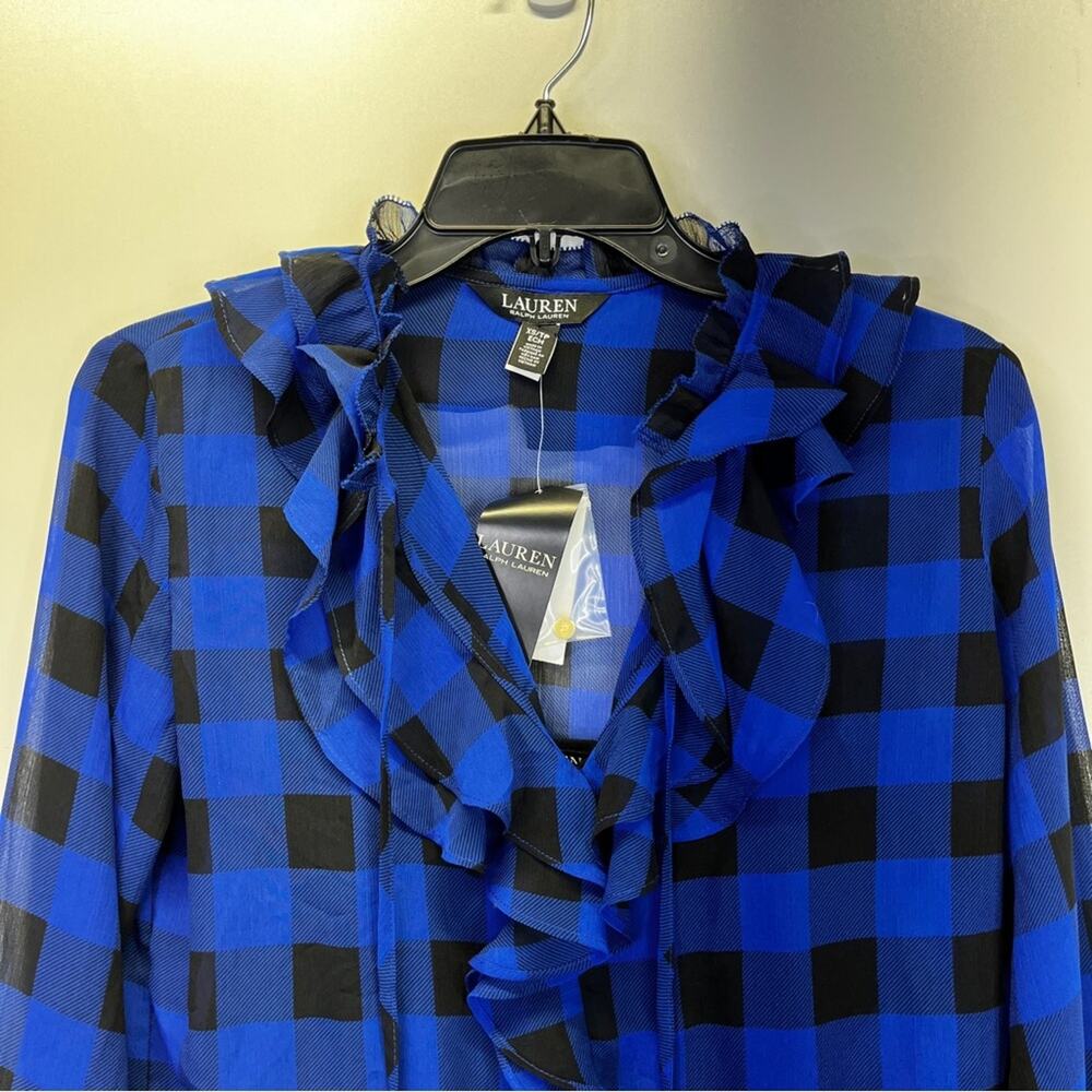 Lauren Ralph Lauren Buffalo Check Ruffled Georgette blouse blue black - XS - Picture 4 of 12
